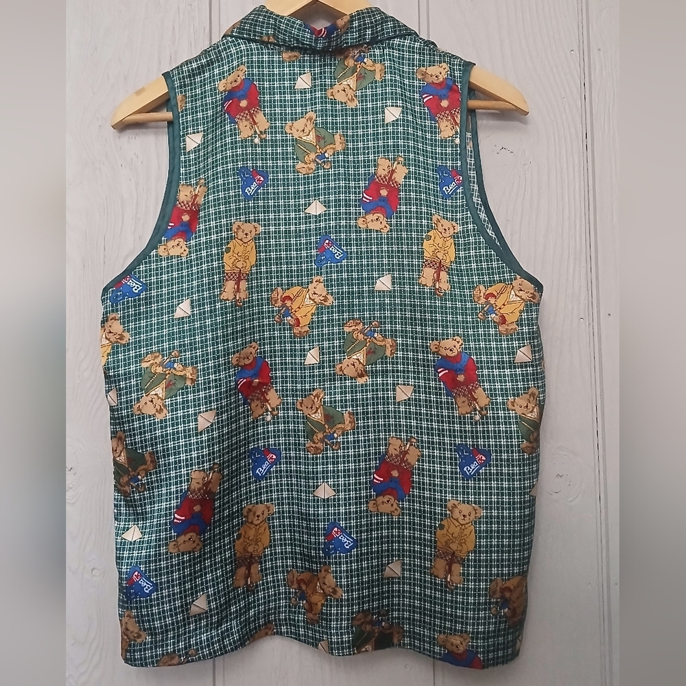 Green Vest Vintage Teddy Bear Wearing Cardigan Print Plaid Button Down Size M - Picture 4 of 4